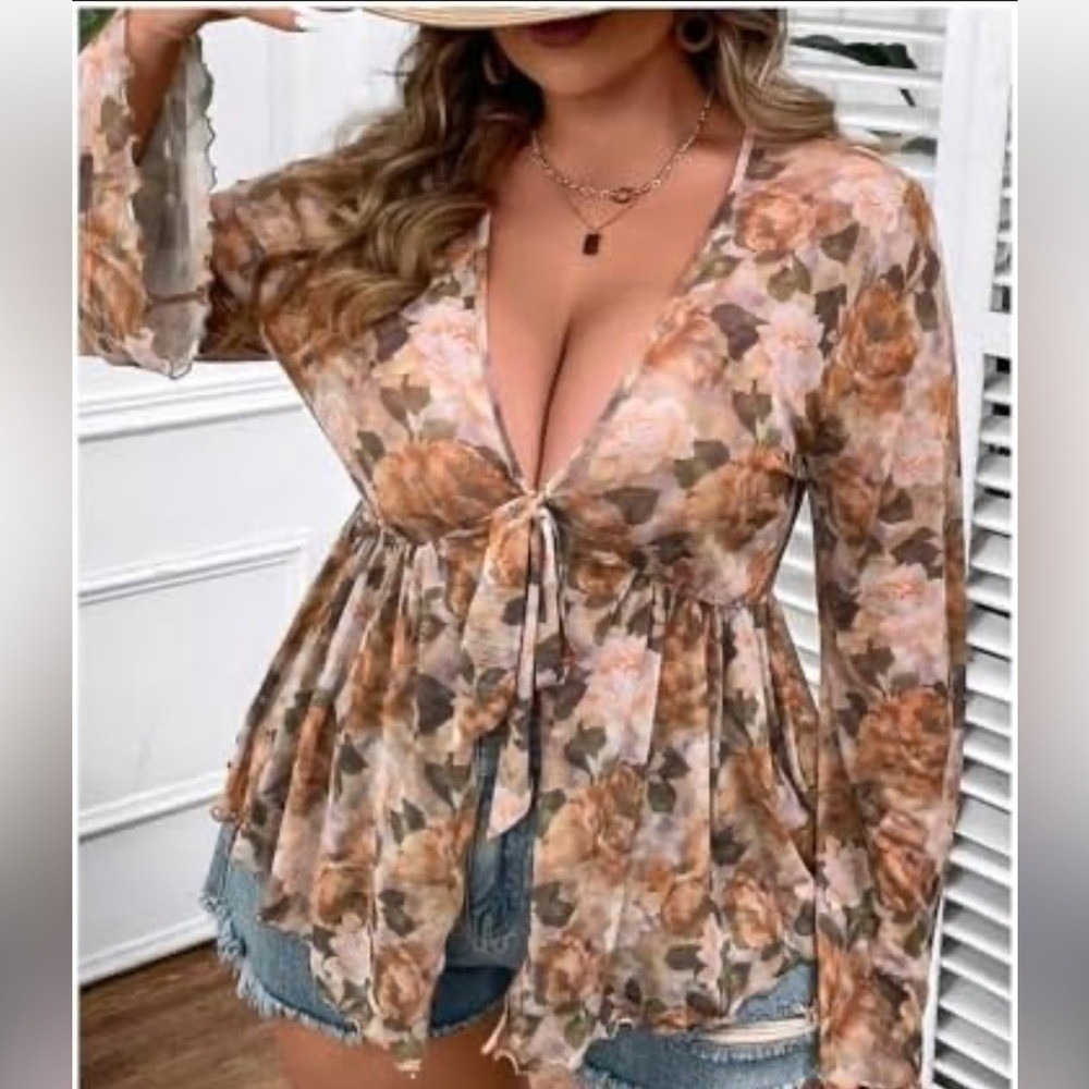 Vintage Babydoll Top Sheer Forest Flare XL Y2K Fairy Grunge Brown Floral poets‎